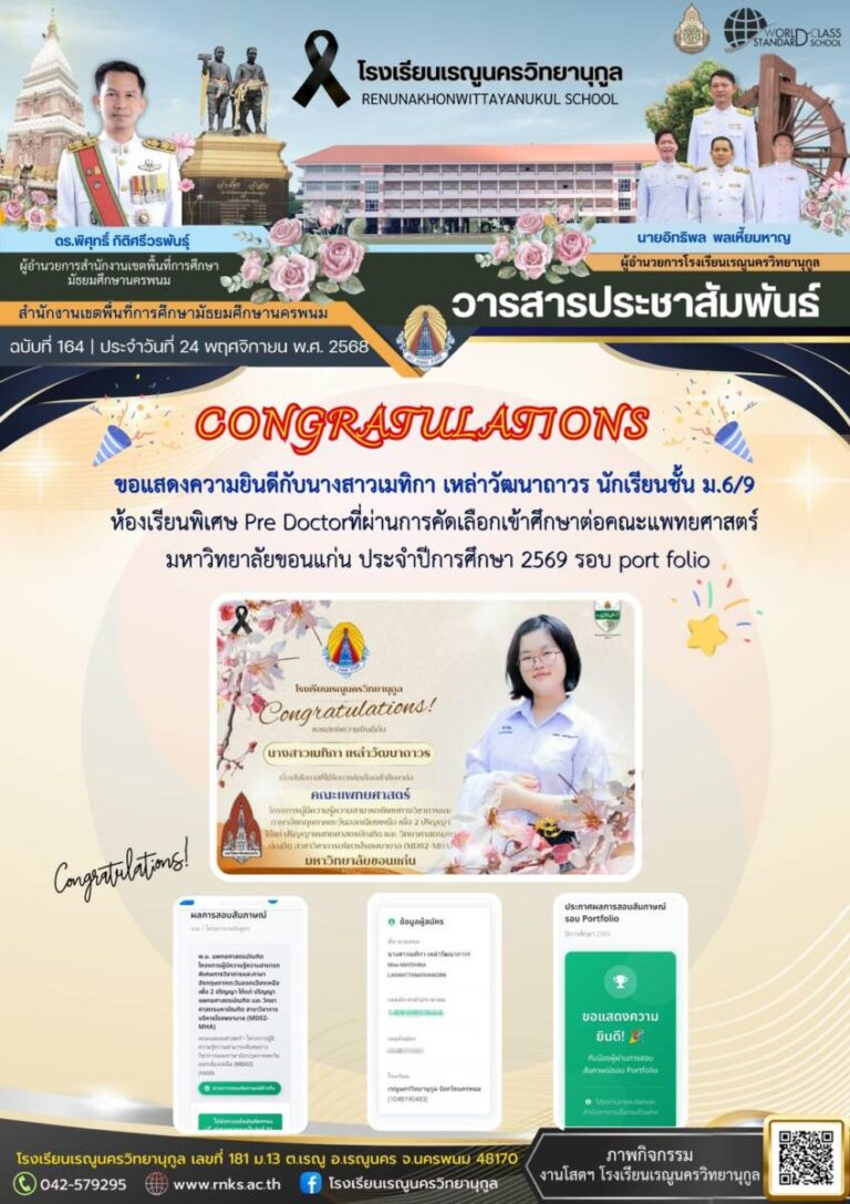ข่าวประชาสัมพันธ์โรงเรียนเรณูนครวิทยานุกูลฉบับที่ 164/2568